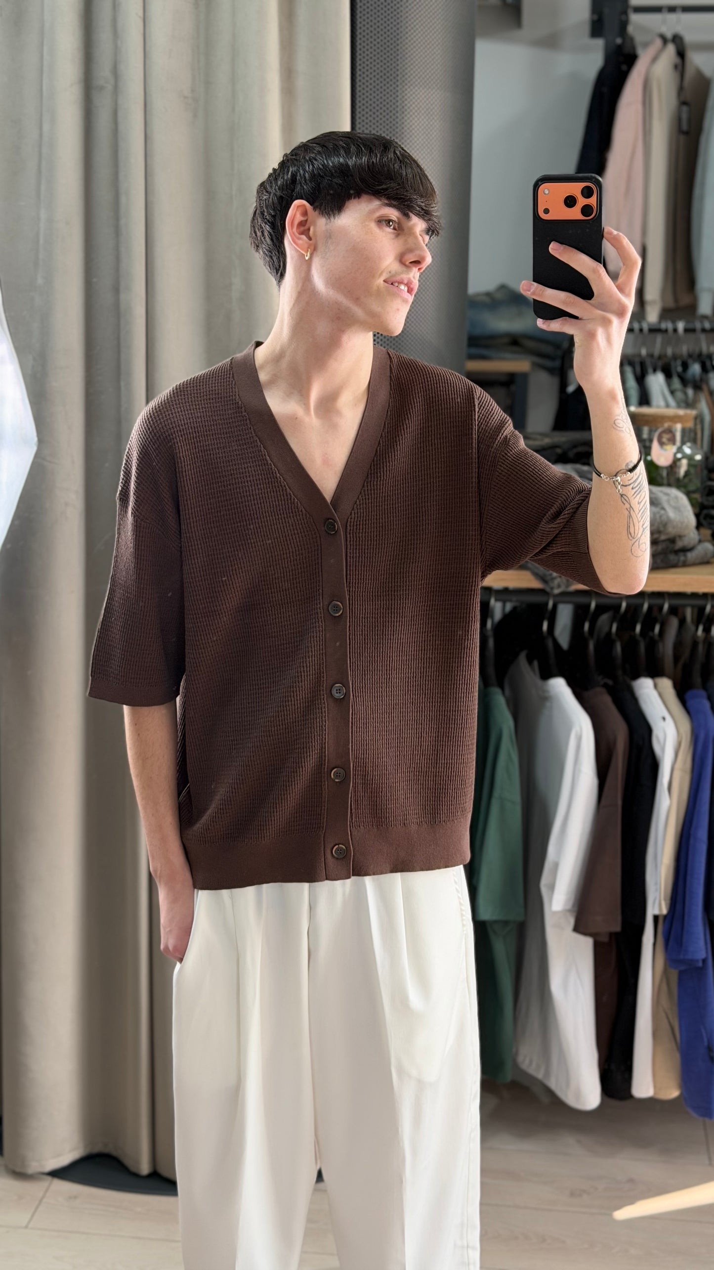 MAGLIA IN FILO SEMI-OVER MARRONE